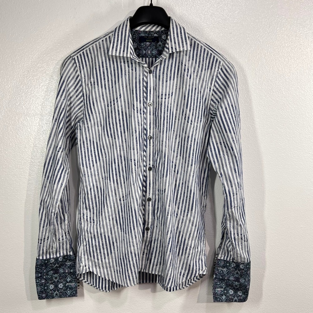 Ted Baker London Archive Mens Size 16 Blue White Striped Paisley Print Dress